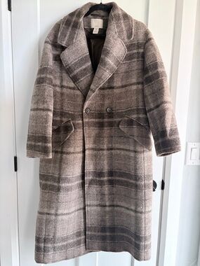 H&M Brown Plaid Wool-Blend Pea Coat